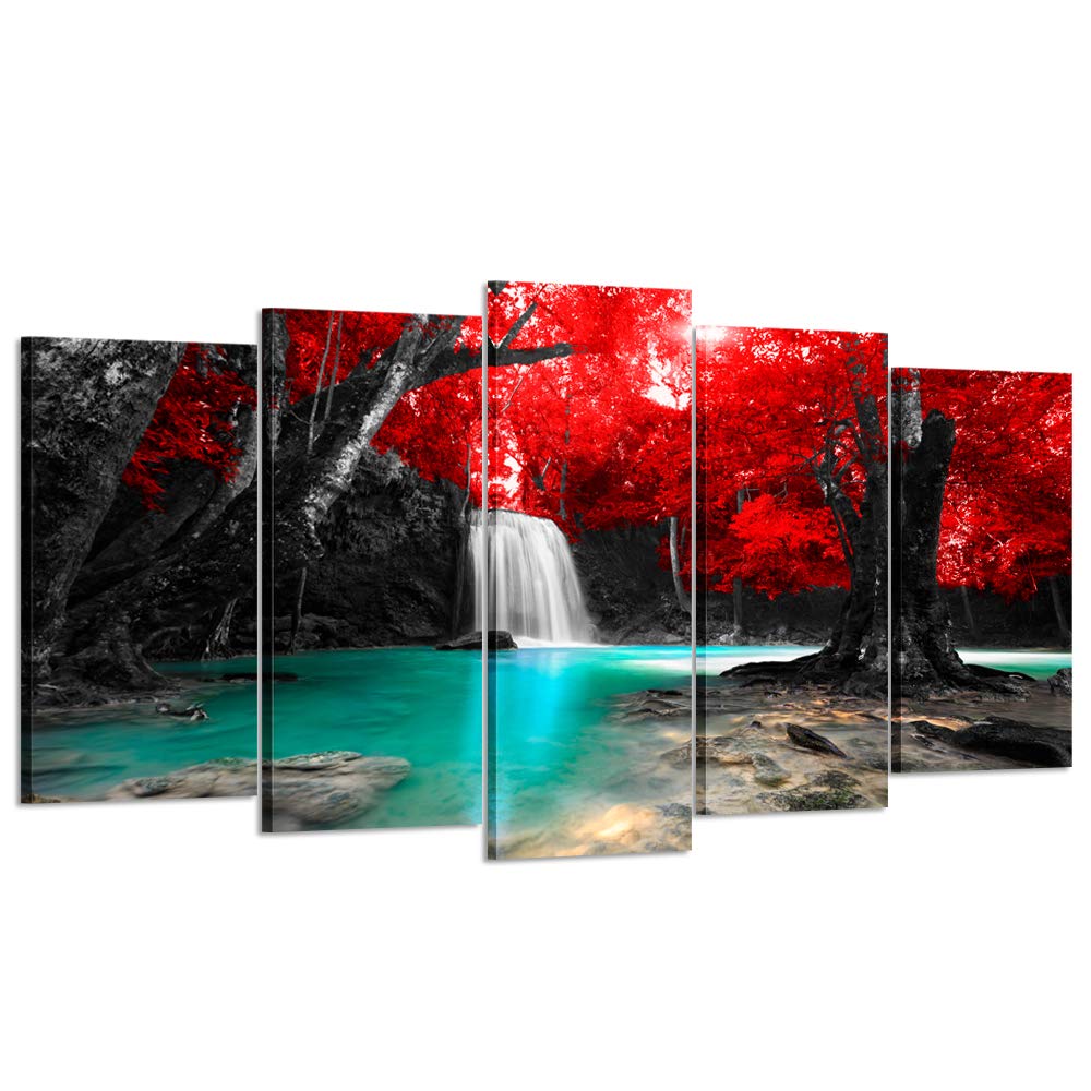 KREATIVE ARTS Large 5 Panel Canvas Wall Art Prints Waterfall Nature Scenery Painting Modern Artwork Wooden Framed Landscape Pictures Ready to Hang for Living Room Home Decor (Large Size 60x32inch)