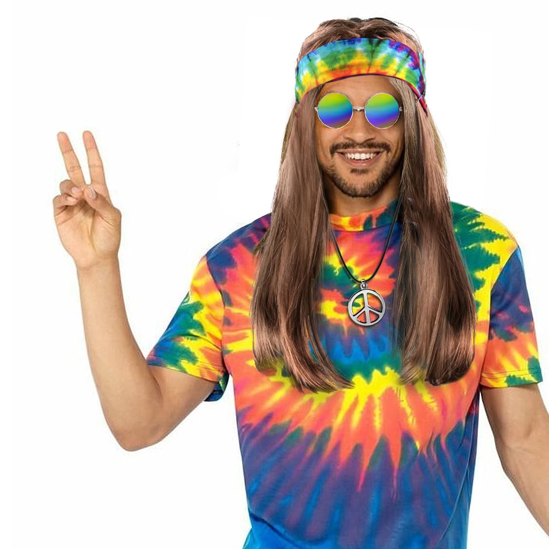 iZoeL Costume Hippie Uomo Donna Anni 70-80 - Mantello/Top Parrucca Hippie Borse Occhiali da Sole Fascia per Capelli Orecchini Collana Pace, Costume Carnivale/Halloween Anni 70-80（Vedi la descrizione）
