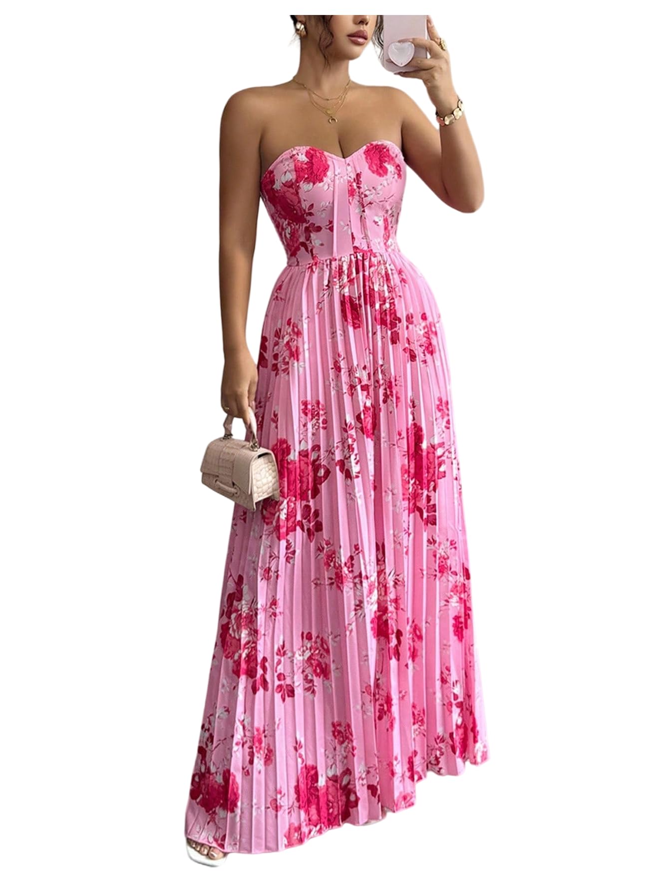 Photo 1 of OYOANGLE Women's Boho Floral Strapless Dress Sleeveless Pleated A Line Maxi Tube Top Dresses Summer Sundress Pink Large