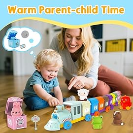 Kimicare Learning Montessori Toys for Toddlers, Sensory Farm Animals Train Toys with 10 Finger Puppets 1 Farmer, Counting Matching Sorting Barns with Keys Birthday Gifts Christmas Stocking Stuffers