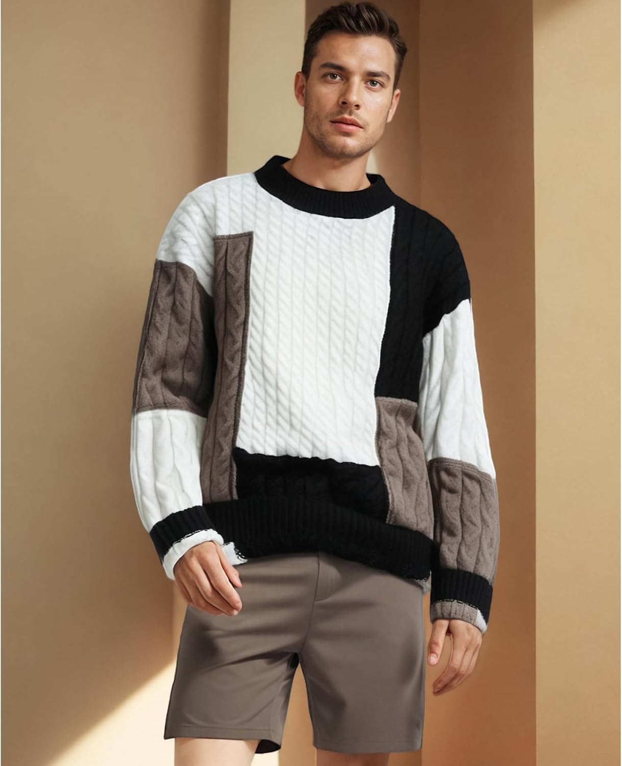 GURUNVANI Mens Patchwork Sweater Colorblock Knit Jumper Vintage Cable Knitted Pullover Sweater - Image 2