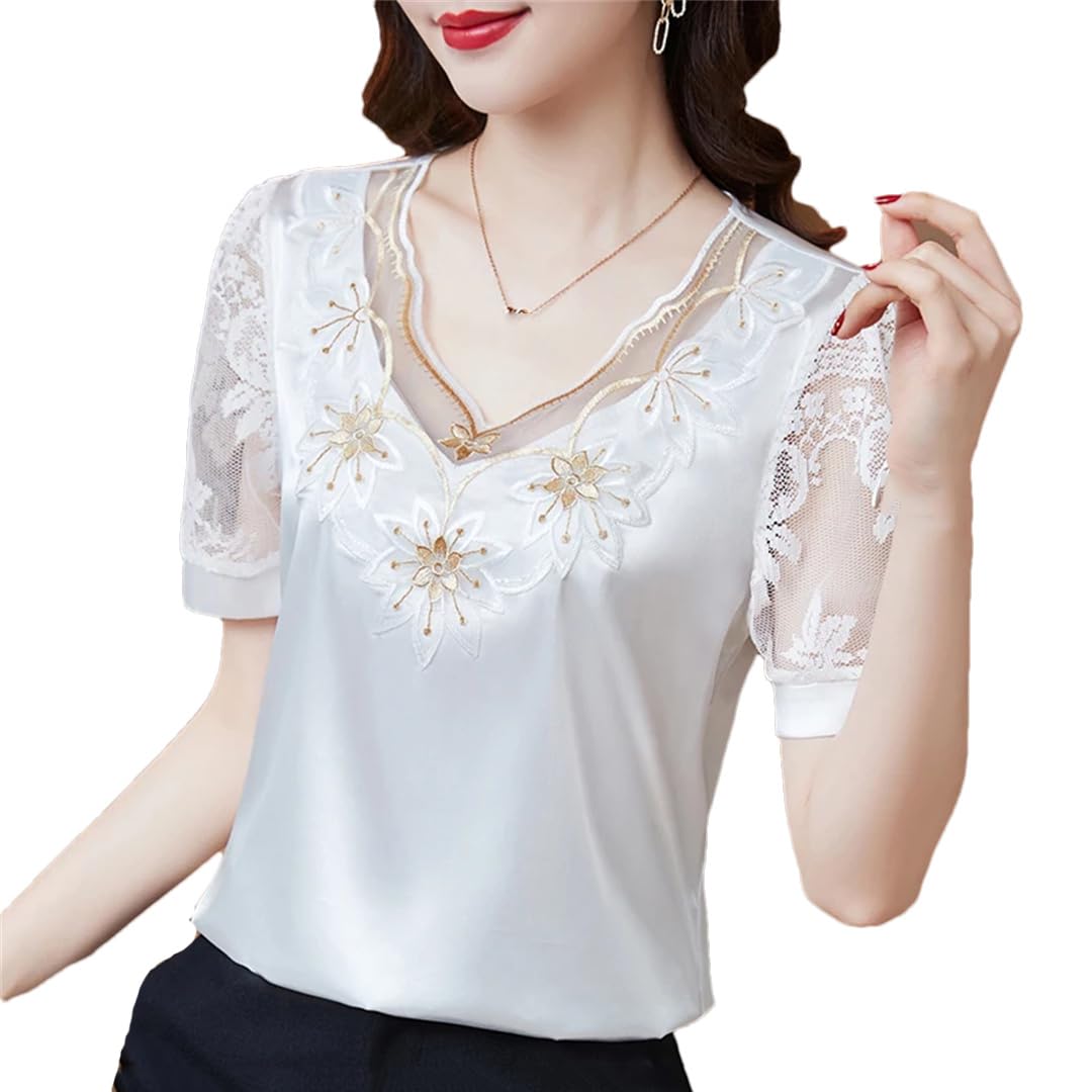 Chemisier d'été en satin avec broderie florale et col en V pour femme