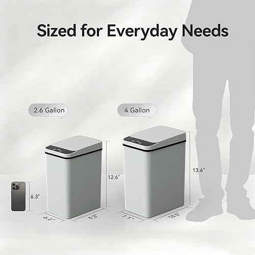 Miniatura 3 de Basurero de baño de 2.6 galones, impermeable, automático, pequeño, con tapa, sensor de movimiento delgado, de plástico, estrecho, para dormitorio,