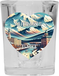 R and R Imports Fairbanks Alaska Travel Souvenir Destination Heart Shape 2 Ounce Shot Glass Square Single