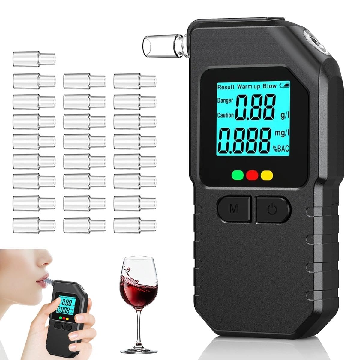 Alcoholímetro,Alcoholimetro Digital Homologado,Profesional Test Alcoholemia,con Pantalla LCD Digital Alta Precisión,25 Boquillas,Sensores Dobles Gran Precisión,Uso Personal Profesional Hogar Sople
