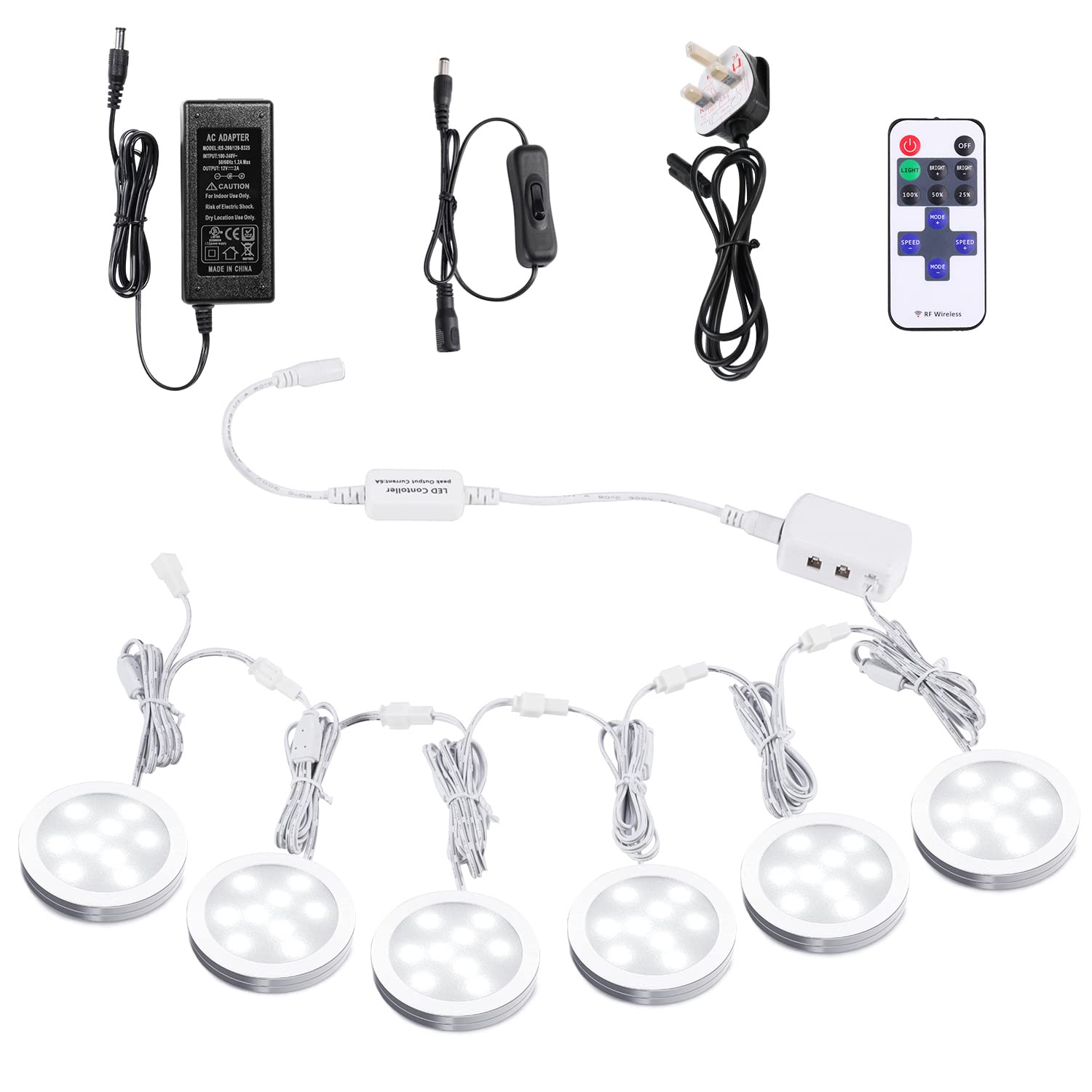 Aiboo Daylight White Under Cabinet Kitchen Lights Led 6 Pack With Remote,Dimmable Under Cupboard Kitchen Light With Power Plug And Switch,Puck Lights Under Cabinet Lighting Under Counter Light 6000K