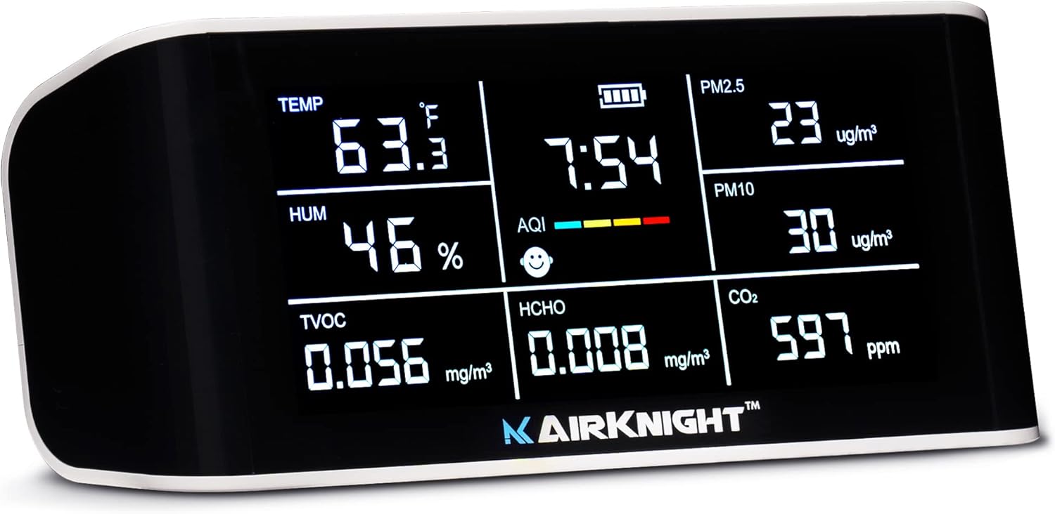 AirKnight Premium Indoor Air Quality Monitor Indoor & Air Quality Sensor. VOC Detector, CO2 Monitor, Formaldehyde Detector HCHO, AQI, PM2.5, PM10 Temperature Humidity Air Monitor AQI CO2 Meter