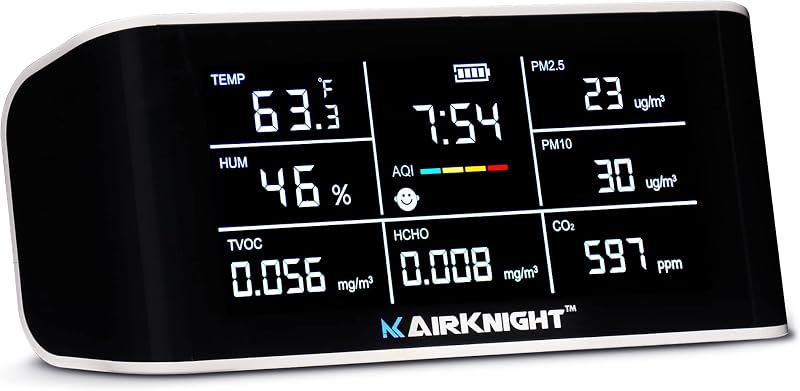 AirKnight Premium Indoor Air Quality Monitor Indoor & Air Quality Sensor. VOC Detector, CO2 Monitor, Formaldehyde Detector HCHO, AQI, PM2.5, PM10 Temperature Humidity Air AQI CO2 Meter