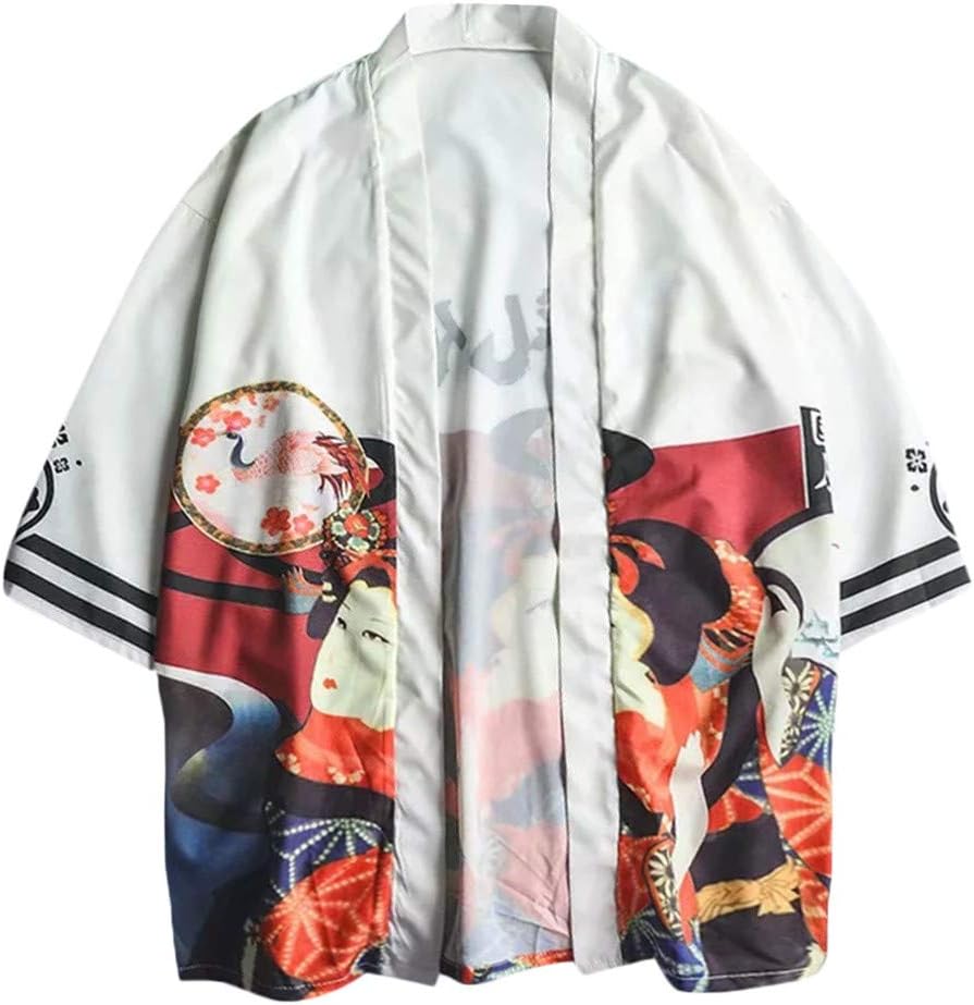 MOTOCO Mens Japanese Kimono Cardigan - Vintage Traditional Autumn Harajuku Ancient Style Floral Loose Jacket Clothing for Women Men Girls(XL,White-4)