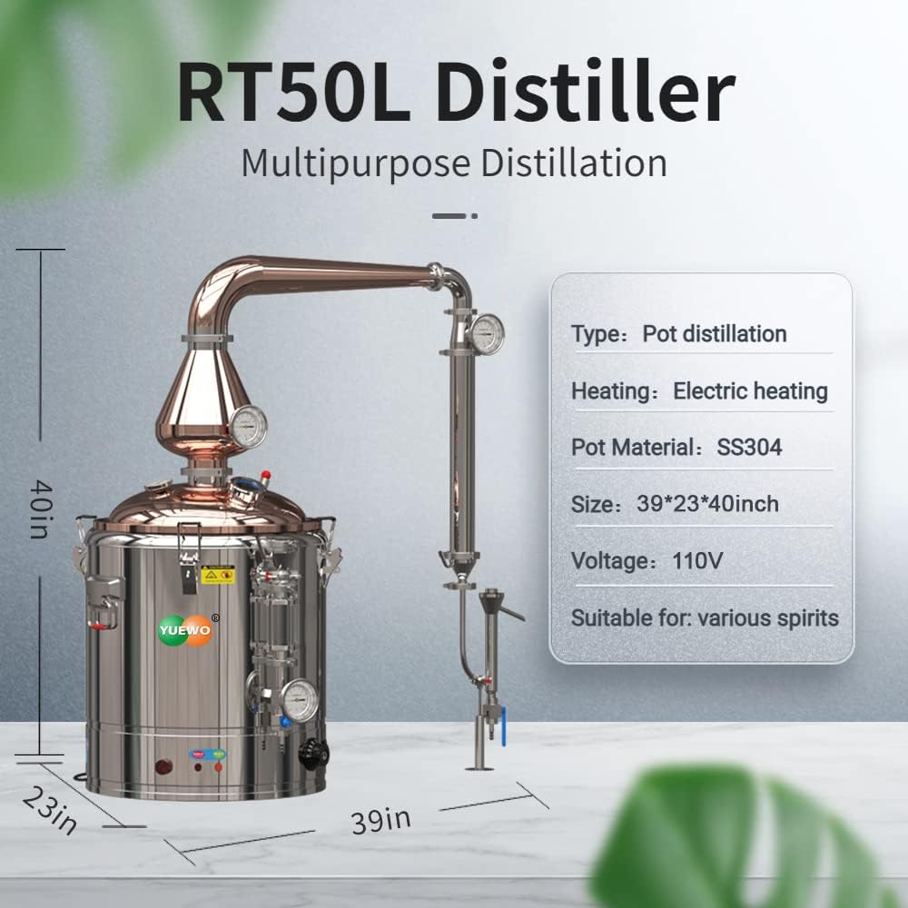 YUEWO 13.2G/50L Rocket Distiller Alcohol Still with 99.95% Pure Copper Material Lid and Lyne Arm Wine Making Kit for DIY Whisky Wine Brandy Gin Vodka Alcohol
