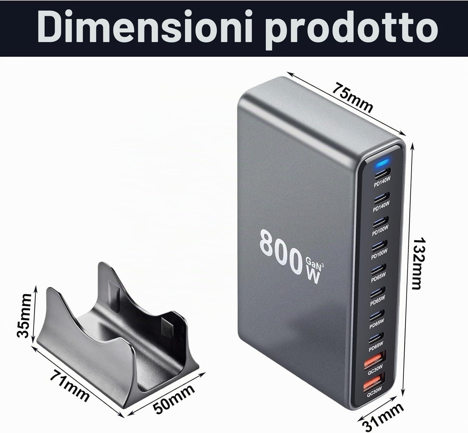 800W Caricatore USB Multiplo, 10 Porte (8 USB-C + 2 USB-A) con Ricarica Rapida, Con Cavo USB, Caricatore PD PPS 100W Alimentazione per MacBook, iPad Pro/Air etc
