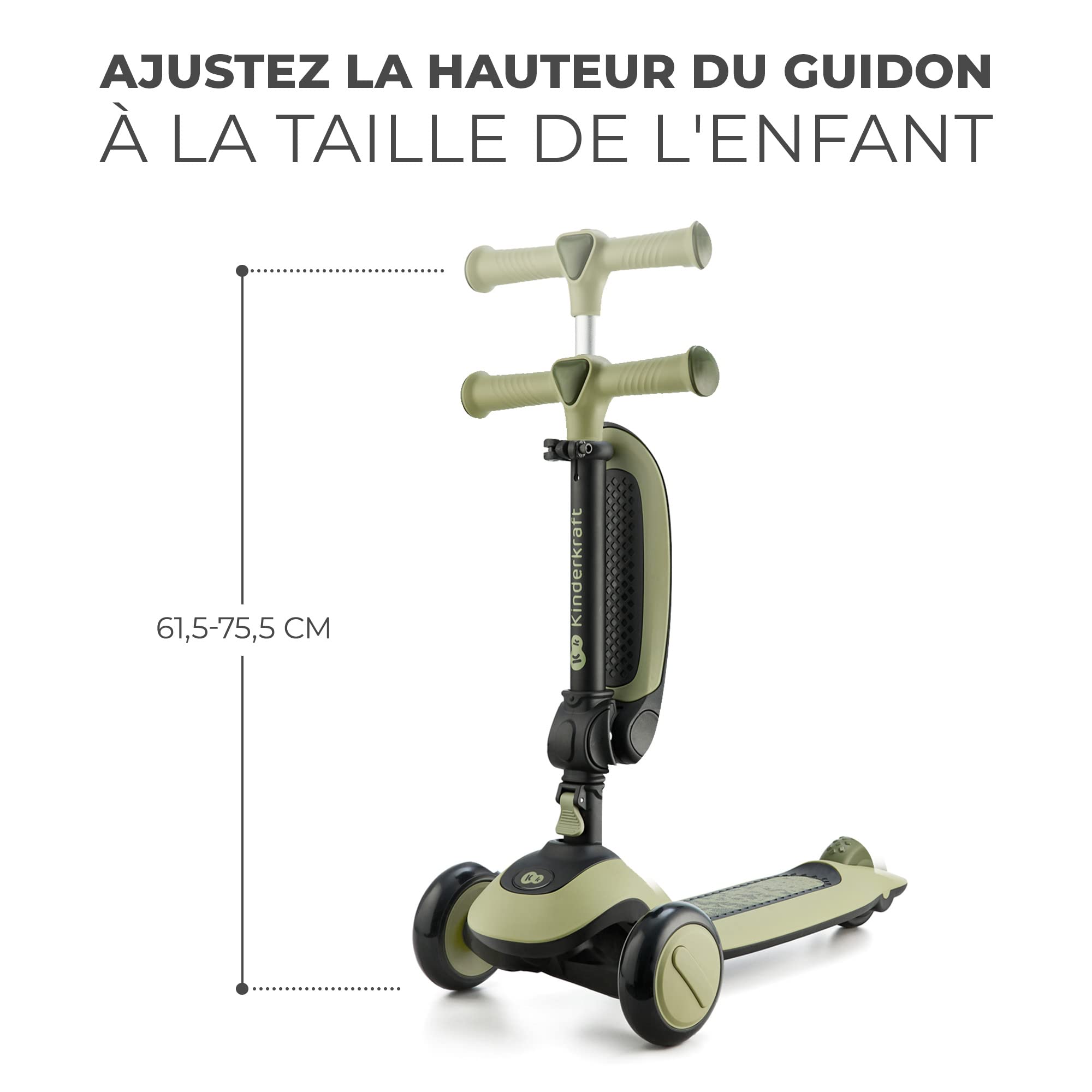 Kinderkraft Halley, Trottinette, Draisienne, Patinette, Scooter, Multifonctionnel, Moderne, Trois Roues, Réglable, LED Roues, Frein, 2 Ans jusqu'à 50 kg, Vert