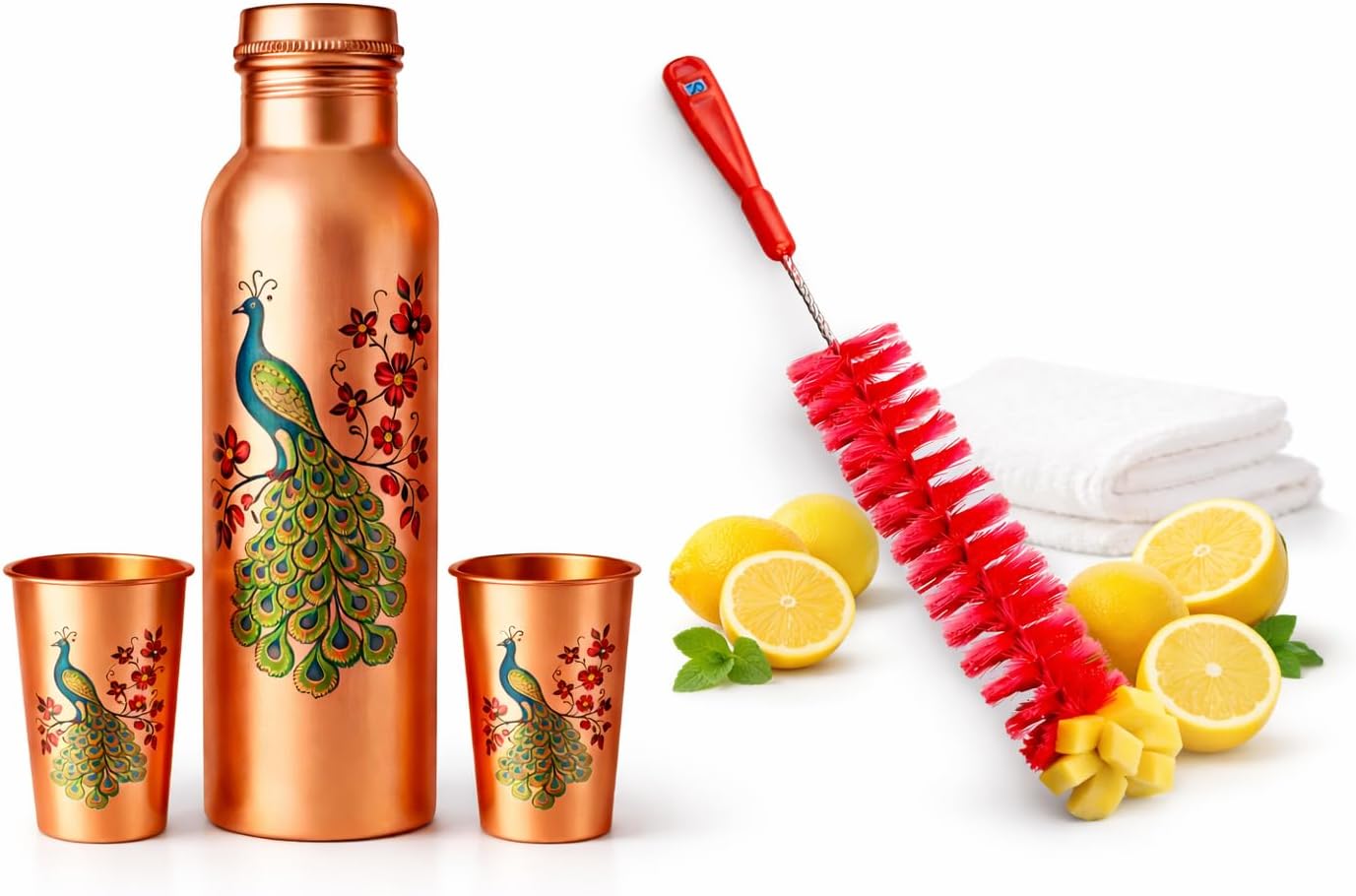 Premium 33.8 oz (1 Liter) 100% Pure Solid Copper Ayurvedic Water Bottle Set with 2 Copper Tumblers & Cleaning Brush – Non-Magnetic, No Inner Steel Lining, Leak-Proof Cap