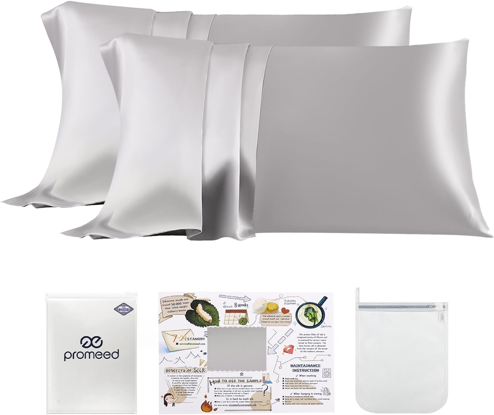 PROMEED 100% Mulberry Silk Pillowcase 2 Pack, Upgraded 3rd Generation Silk Pillow Case Set of 2 for Hair and Skin, Anti Acne, Anti Wrinkle (Standard 20"x26", Light Grey)