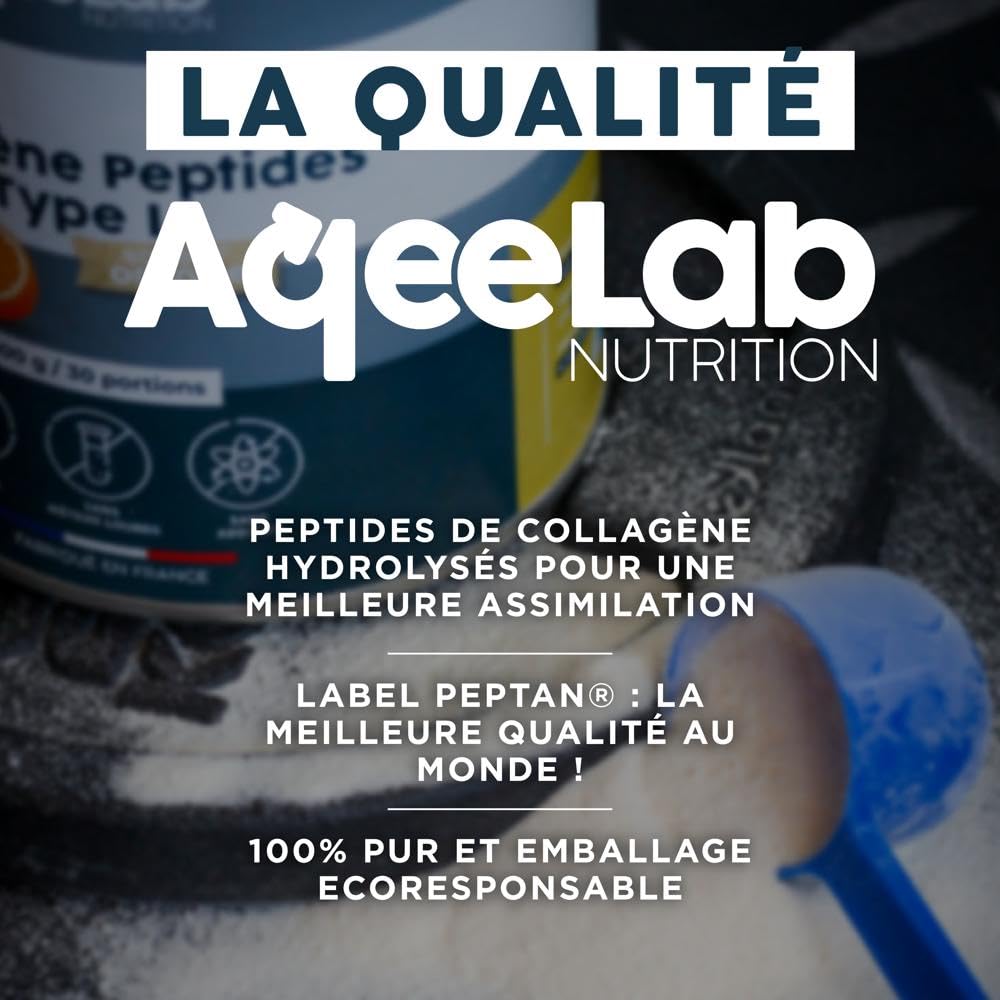 Peptides de Collagène Peptan® - 300 g, Orange - Qualité prouvée, produit breveté - Articulations & Tendons - Testé en labo indépendant - Made in France - Marque écoresponsable - AqeeLab Nutrition