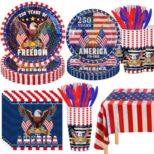 Iridescent USA 250 Years Anniversary Party Tableware Decorations Kit Holographic Laser Plates(9+7) Sparkling Patriotic Tablecloth 9ft Cups Napkins for 4th of July Kids Birthday Patriotic Party