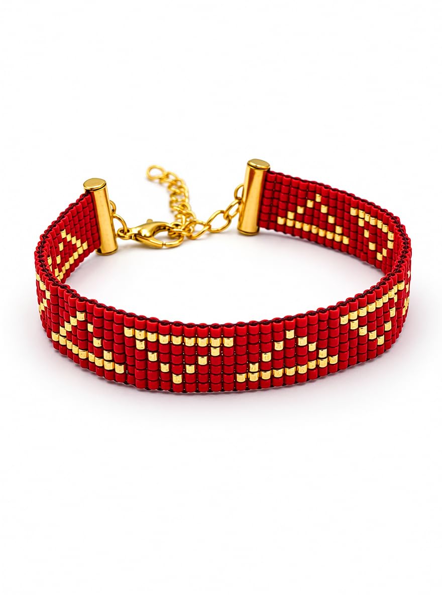 Miyuki Bracciale in perle tessute rosse e dorate – motivo geometrico Chevron, stile artigianale elegante, chiusura regolabile, gioiello unisex Salia Gold Paris