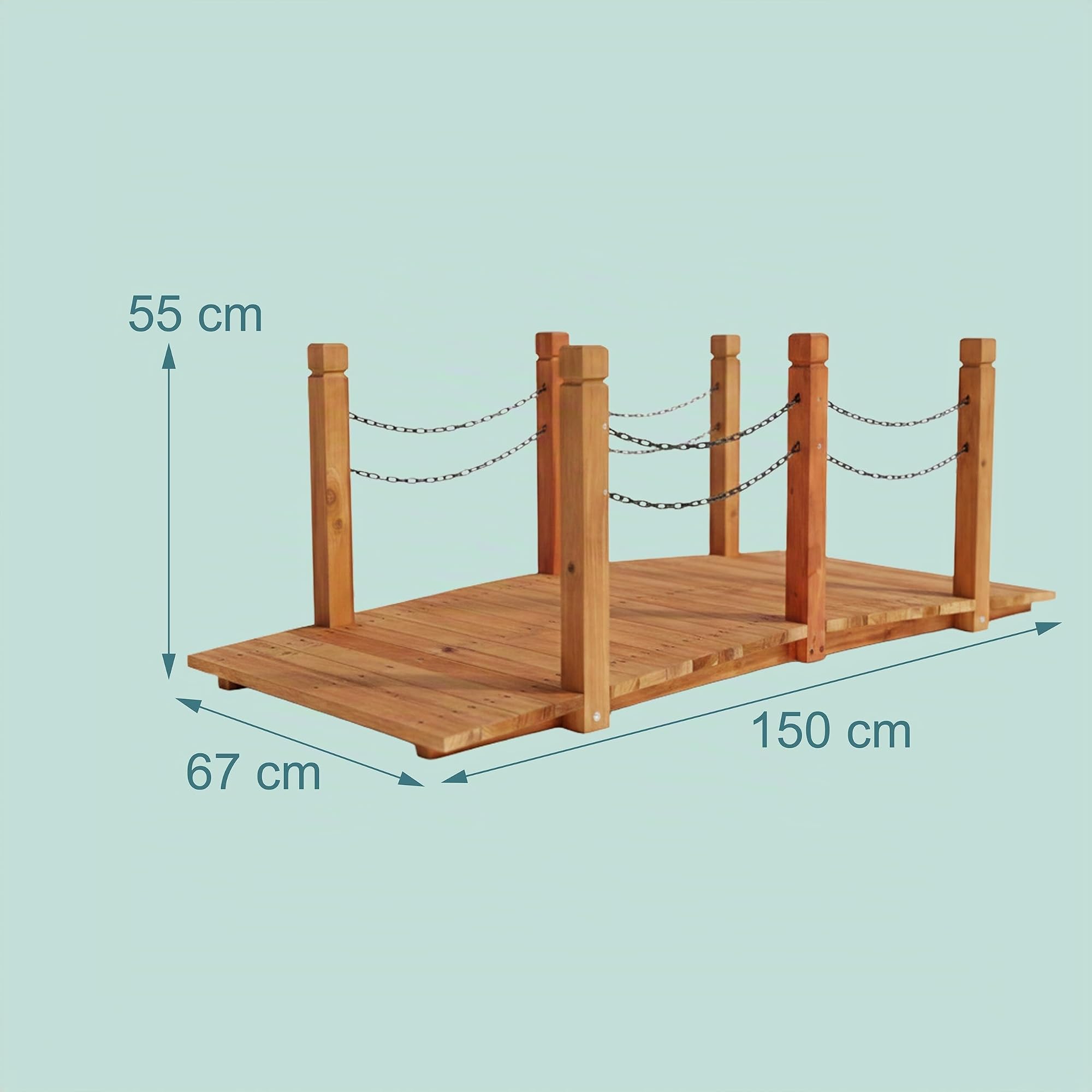 Relaxdays Pont de Jardin, Sapin, poteaux avec chaînes, HxLxP 55 x 150 x 67 cm, Orange, Pont en Bois pour Bassin