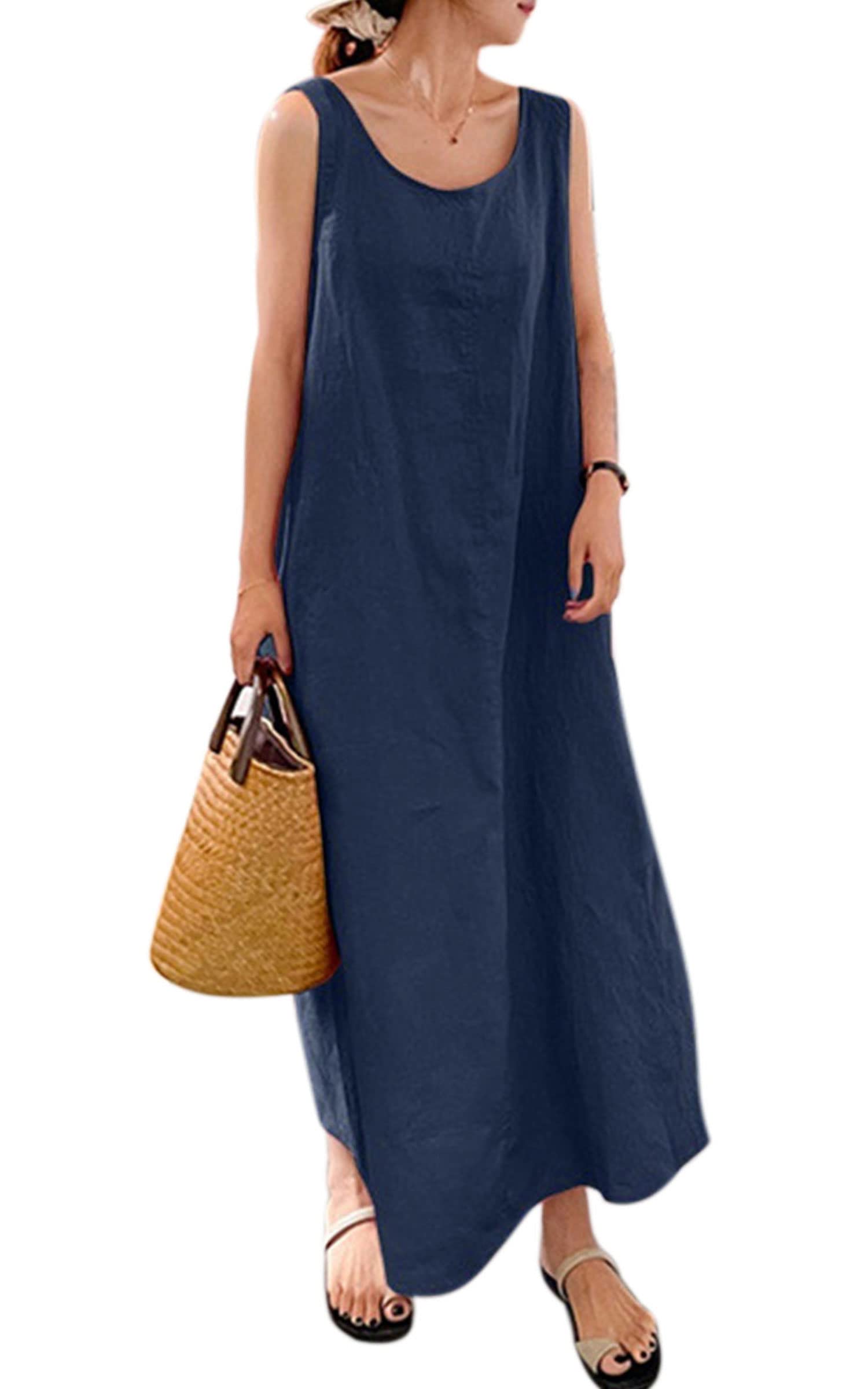 VEVESMUNDO Sommerkleid Damen Baumwolle Ärmelloses Casual Lockere Lässige Lang Kleider Strandkleid Leinenkleid Blusenkleid Freizeitkleid mit Taschen Gr 38 40 42 44 46 48 50 52 54