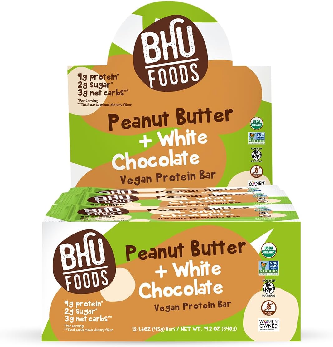 BHU FOODS Vegan Protein Bars, Peanut Butter White Chocolate, Organic Keto Snack - Low Carb & Low Sugar, Grain & Gluten free, Dairy-free & Non-GMO (12 Bars)