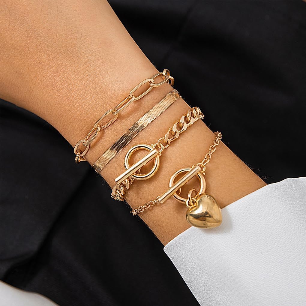Stackable Gold Heart Toggle Clasp Bracelets Set for Women Layered Cuban Link Chain Bangles Adjustable Paperclip Bracelets Pack Jewelry Accessories - Image 4