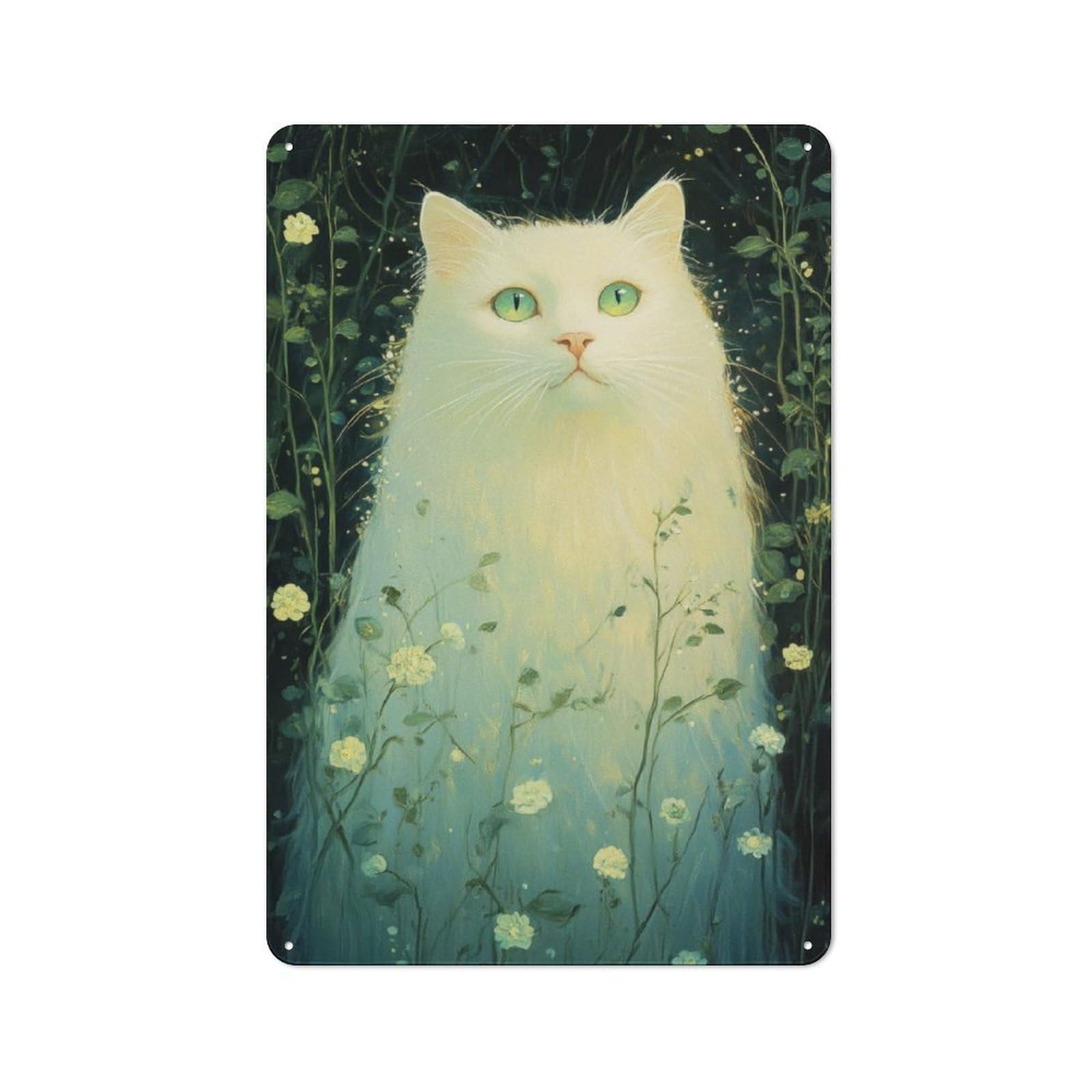 Junmoney White Cat In Flowers Tin Wall Plaque 30X20cm With For Man Cave Or Games Room, A Housewarming Gift For Leisure-Room Decor Enthusiasts