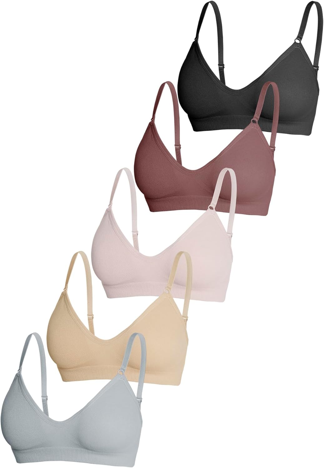 OYOANGLE Women's 5 Pieces Rib Knit Spaghetti Strap V Neck Wireless Bra Set Seamless Solid Plain No Padded Bralette - Image 4