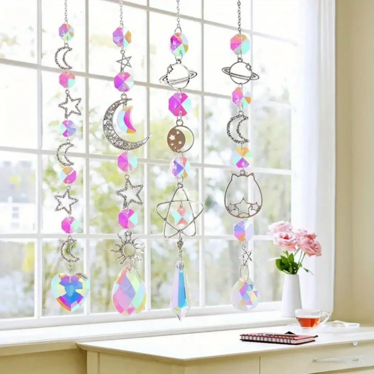 4PCS Celestial Crystal Suncatcher Set – Moon & Star Prism Hanging Ornaments， Rainbow Light Catcher for Window – Home & Garden Décor