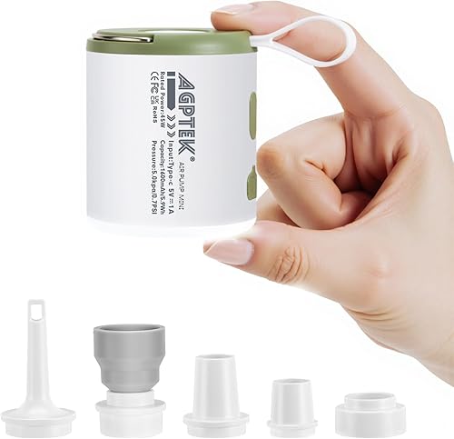 AGPTEK Portable Air Pump for Inflatables, 5.5kPa 1600mAh Tiny Rechargeable Electric air Pump with Led Light for Air Mattress Pool Floats, Vacuum