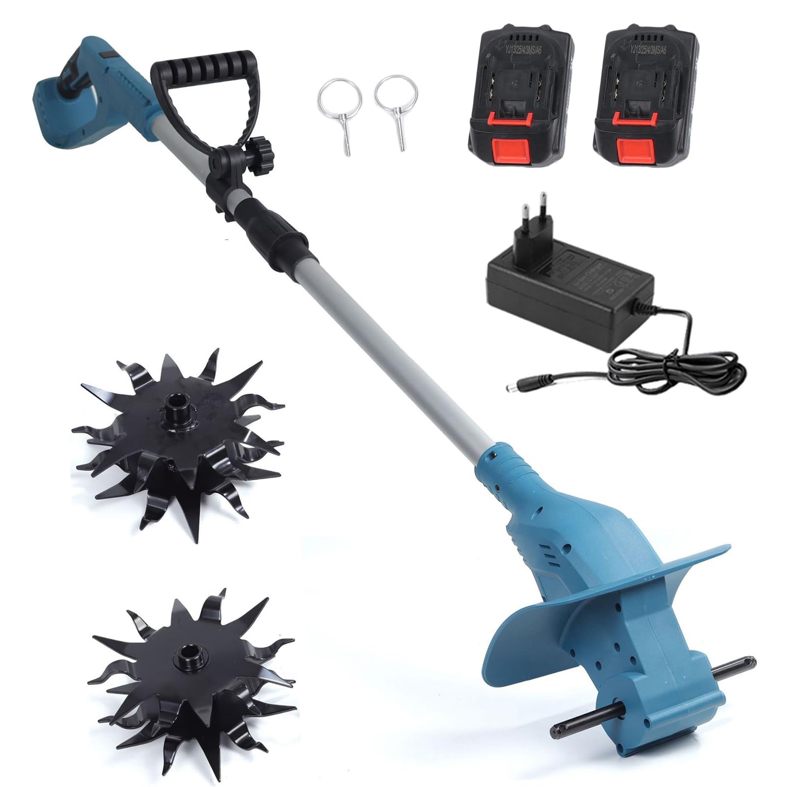 Generic Elektrischer 21-V-Bodengrubber mit Langlebigen Stahlzinken für Effiziente Gartenarbeit, Kabellose Elektrische Bodenfräse für Kleine Gärten und Blumenbeete (2 Stück Batterien – elektrische