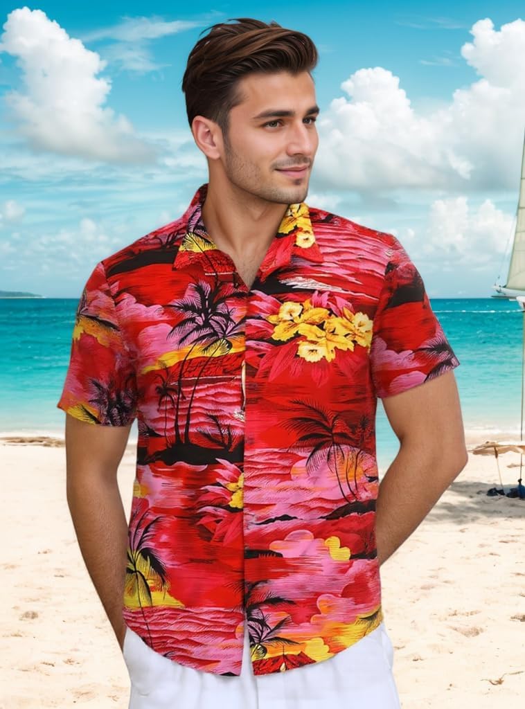 Mens Hawaiian Shirts Tops Short Sleeve Floral Button Down Beach Shirt Vintage Tropical Palm Summer Lightweight Blouses Male - Image 2