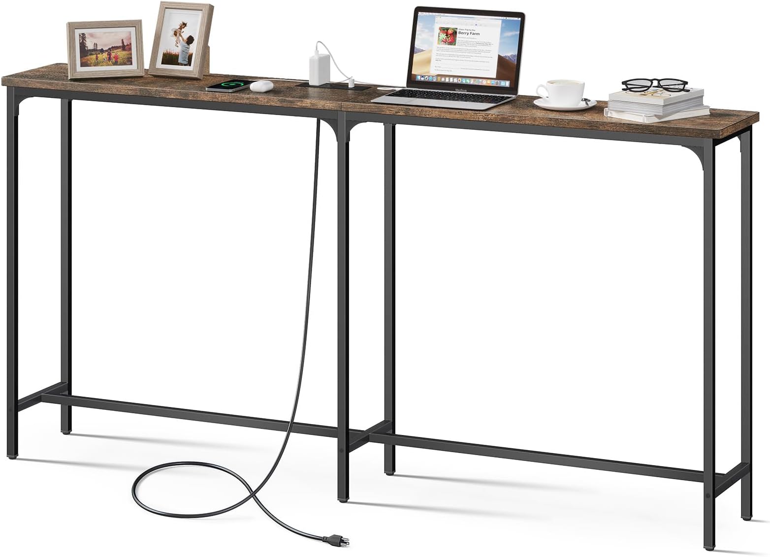 70 Inch Extra-Long Console Table with 2 Power Outlets and 1 Type C Port and 1 USB Port, 10.6” D x 70.9” L x 35.4” H Sofa Table, Behind Couch Table, Narrow Long Entryway Table (Brown)