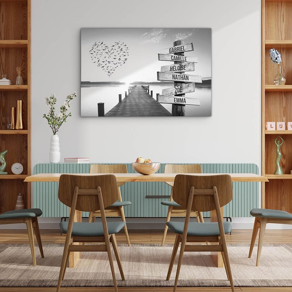 Toile personnalisée avec cadre prénom famille Coeur et ponton coucher de soleil Noir et Blanc tableau … (60 x 40 cm)