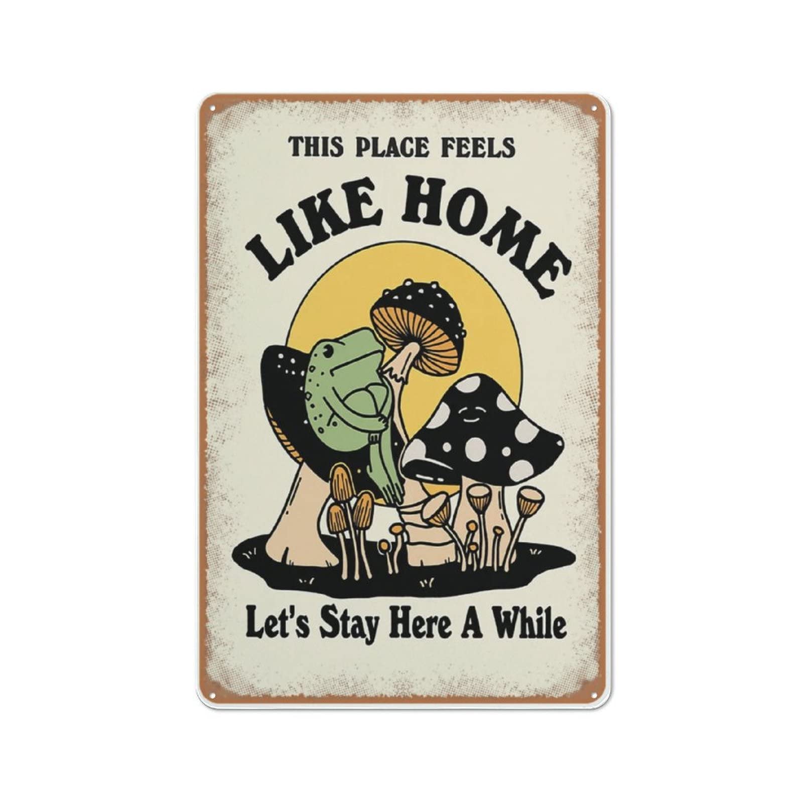 Allijune Frog Mushroom Wall Print, Retro Frog Poster,This Place Feels Like Home,Lets Stay here a While,70s Downloadable Prints,Vintage Man Cave Garage Sign,Gift to Parents,Metal Tin Sign 12 X 16 Inch