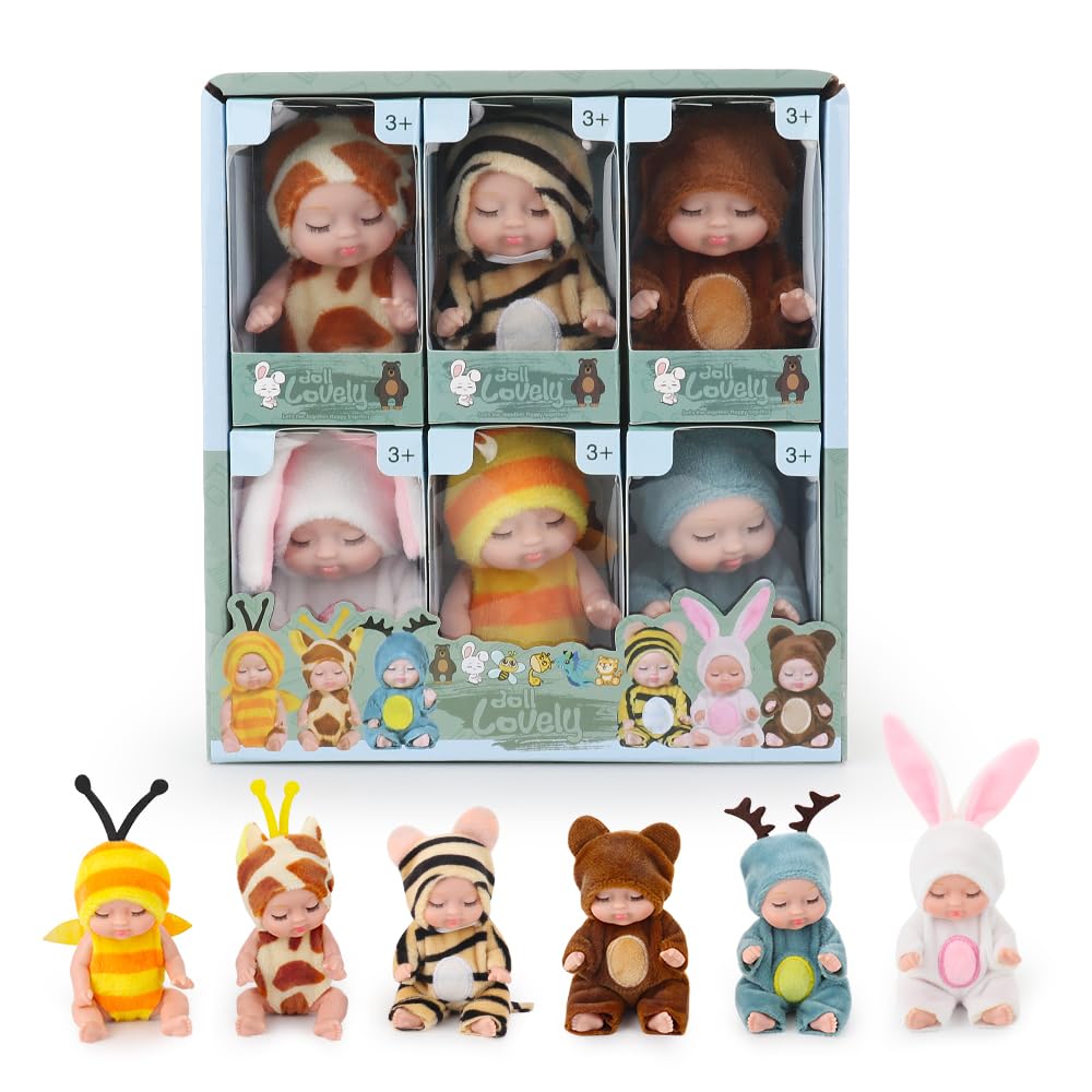 Furado Mini Reborn Dolls, 6 Pcs Mini Sleeping Rebirth Dolls, Miniature Doll Toys, Realistic Baby Doll with Animal Clothes, 4 Inch Mini Reborn Cute Baby Dolls for Girls, Toddlers and Kids