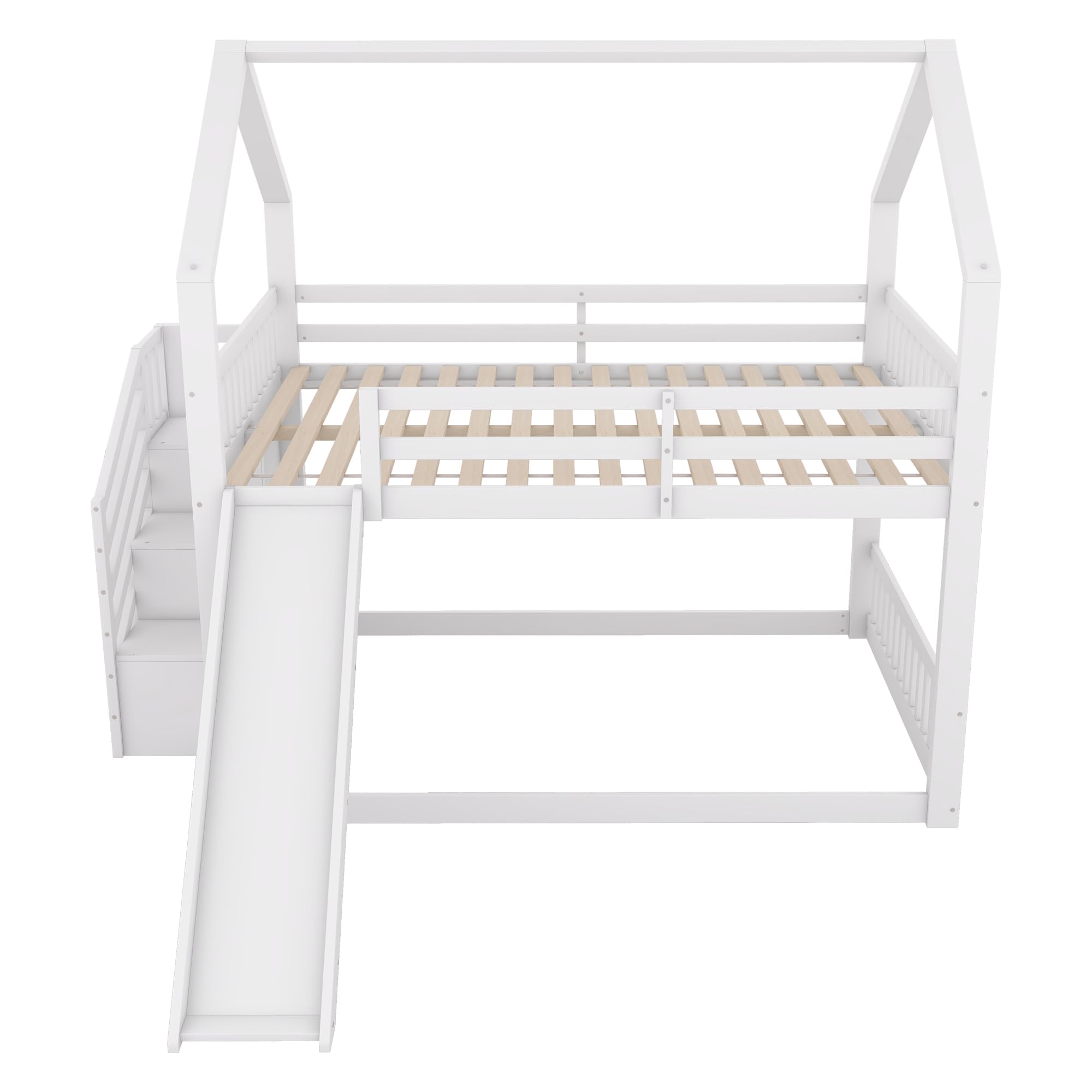 YESGIGA 140x200cm Etagenbett mit Stauraumtreppe und Rutsche, Hausbett, Kinderbett mit Geländer, geeignet für Kinder, Jugendliche (Weiß)