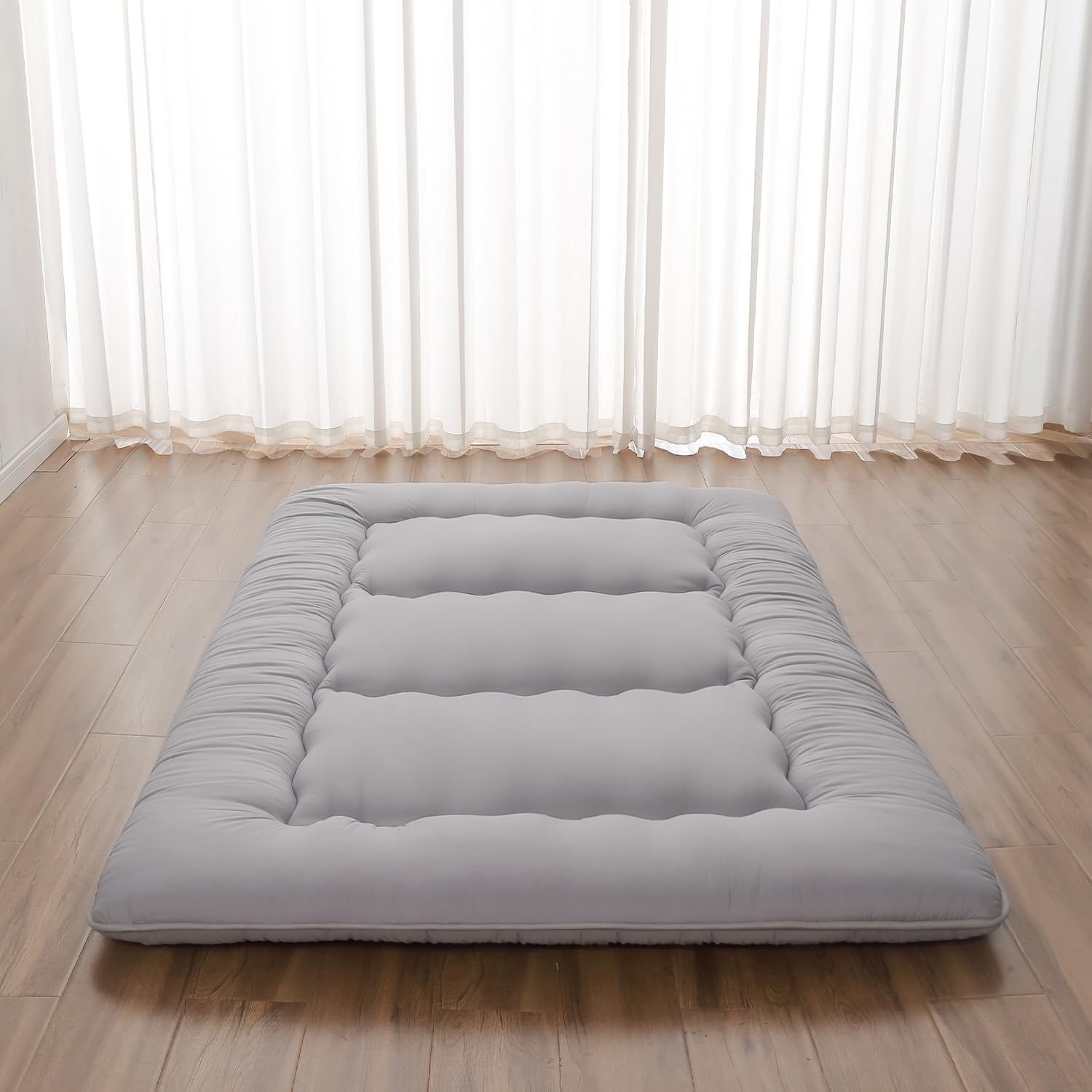 Japanese Floor Mattress, Futon Mattress with Storage Bag and Washable Cover, Roll Up Tatami Mat Suitable for Guest Room, Grey, Full