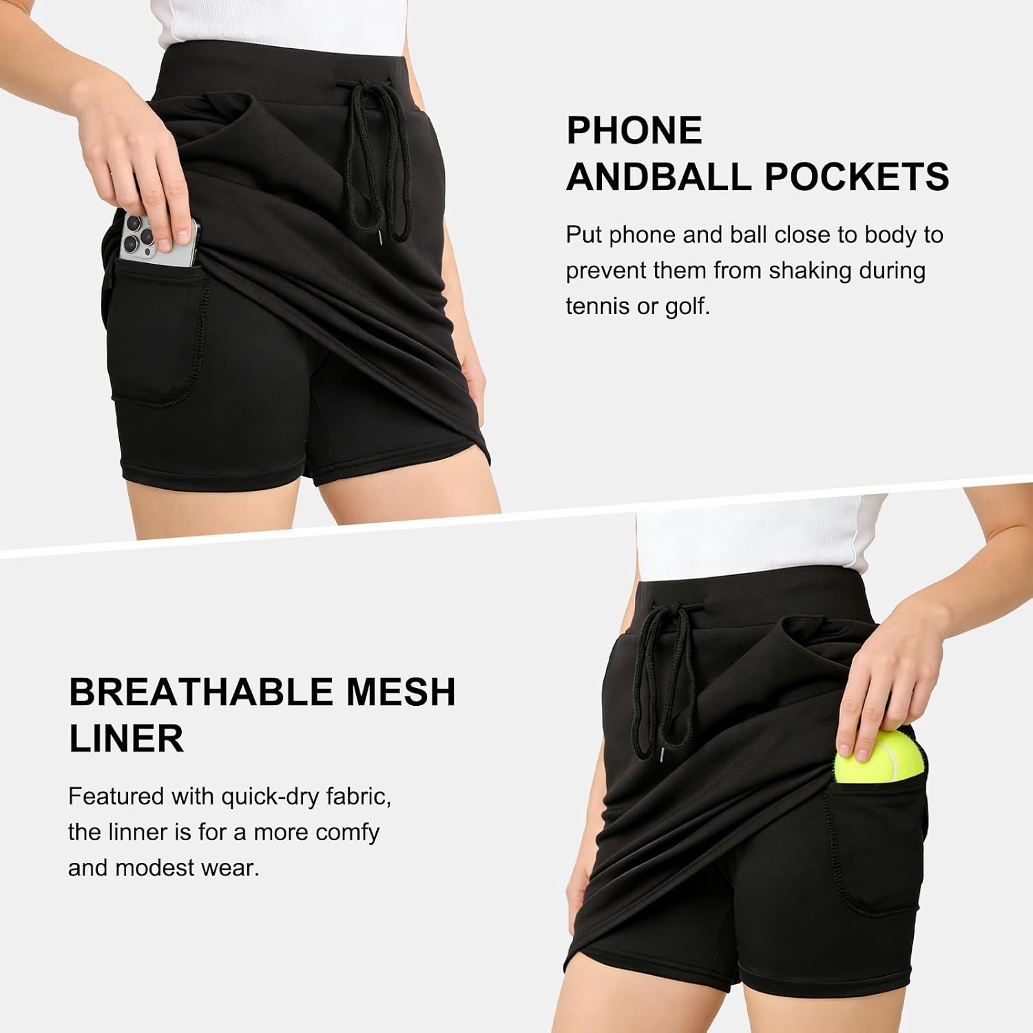 A Line Active Skirts for Women,High Waitsted Mini Tennis Work Drawstring Skort with Built-in Shorts Pockets
