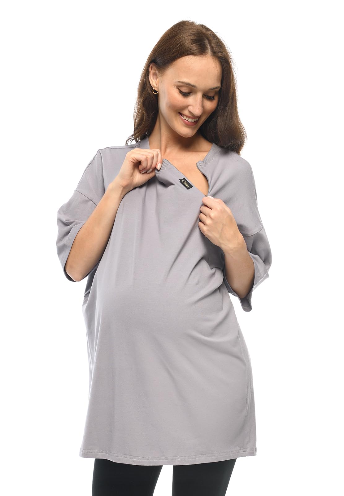 MijaCulture T-shirt 2 en 1 / Homewear / Chemise de nuit d'allaitement et de grossesse M024 Ambre (gris, L/XL)