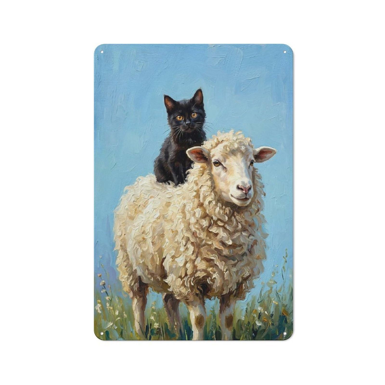 Junmoney Style-21 Black Cat Riding A Sheep Rustic Metal Sign 30X20cm For Pub Or Café, For Collectors Of Rustic Metal Wall Decor