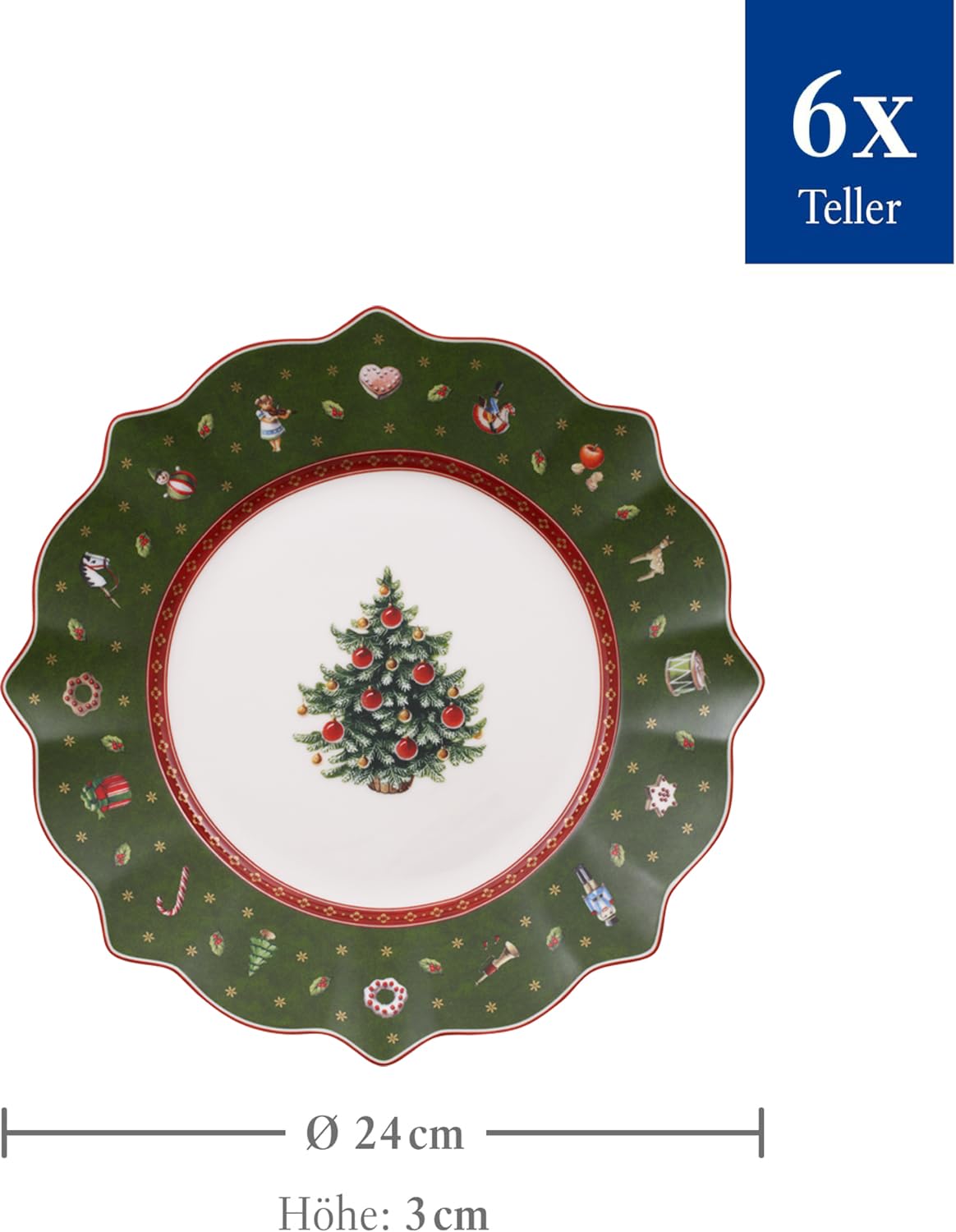 Villeroy & Boch Toy's Delight Lot de 6 assiettes à petit-déjeuner, 24 cm, vaisselle de Noël, assiettes à biscuits et à biscuits pour Noël, en porcelaine de qualité supérieure, vertes