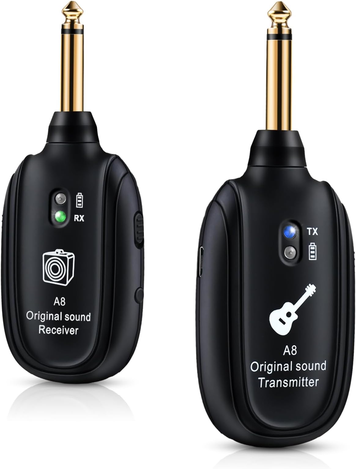 A8 Wireless Guitar System 2 Modes Built-in Rechargeable Lithium Battery UHF Audio Wireless Transmitter Receiver for Acoustic Guitar Bass Violin Keyboard Electric Instruments Black