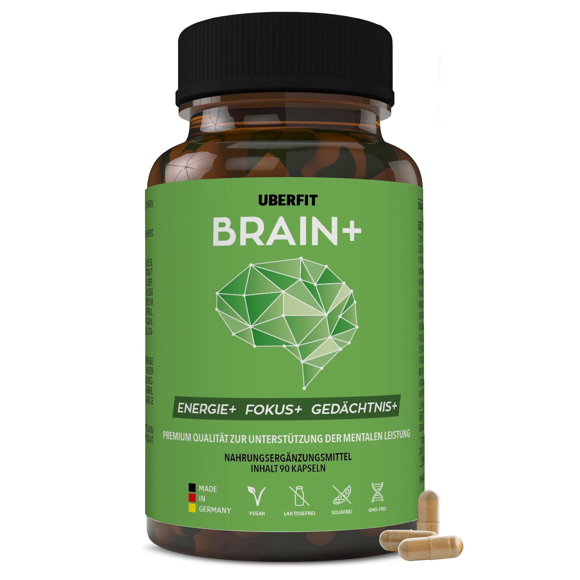 BRAIN+ Fokus & Gedächtnis Komplex - Vitamin B5 für geistige Leistung, Zink für kognitive Funktion, B12 gegen Müdigkeit - mit Cholin, Ginkgo & Ginseng - 90 vegane Kapseln, Made in Germany