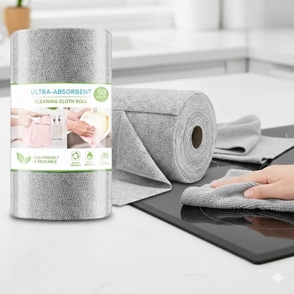 Kitchen Towel Roll,Microfiber Cleaning Cloth Roll, 5000 Times Washable Non-stick Oil Absorbing Paper Roll Kitchen Wipe Paper Dish Cleaning Cloth (25 * 25, Microfiber) (25 Sheet) (Grey, 25 pack, Super)-image-16