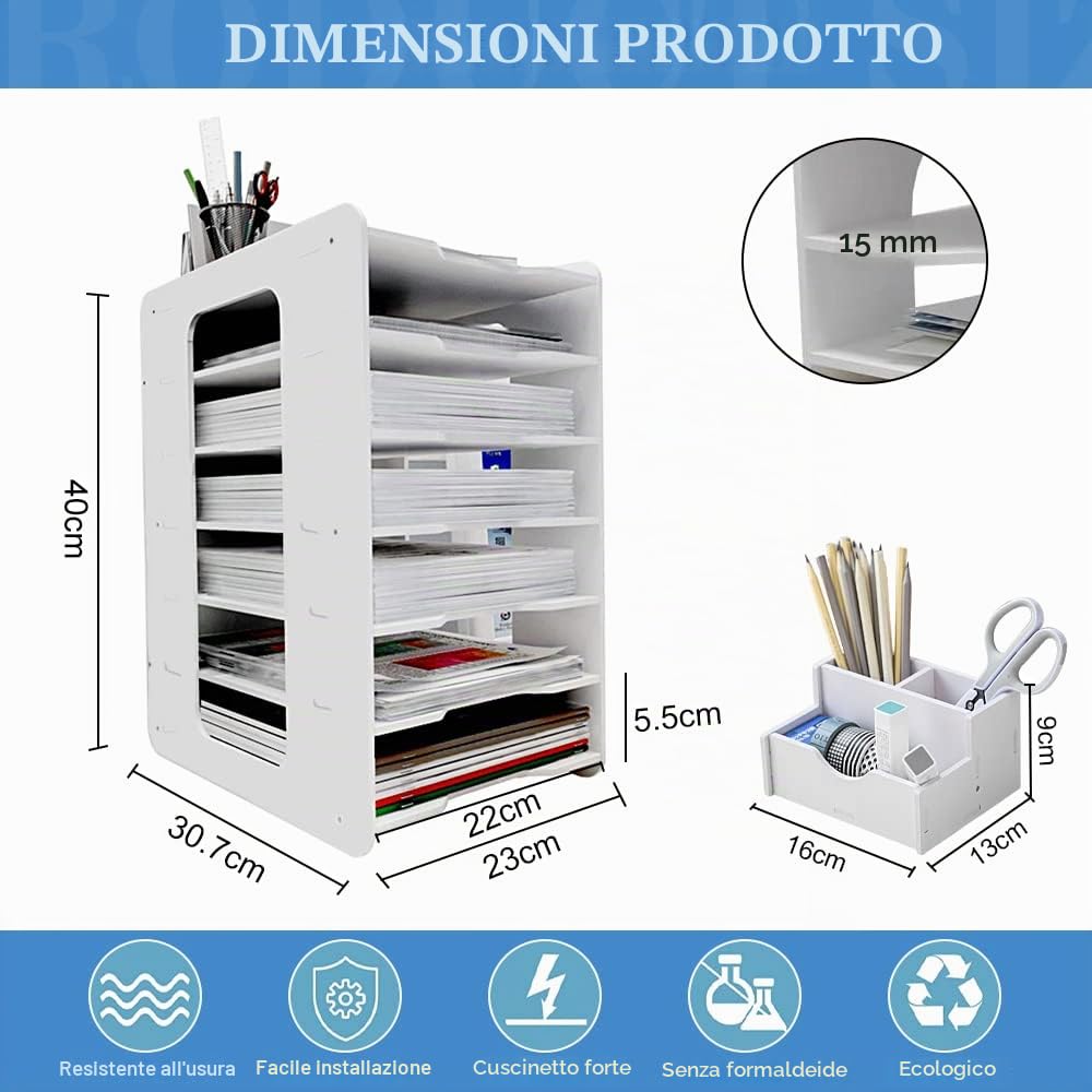 THATSRAD Organizzatore da Scrivania a 7 Livelli con Portapenne Porta Documenti da Scrivania A4 Vassoio Portadocumenti per Ufficio Scaffale per la Conservazione dei Documenti per Ufficio Scuola Casa