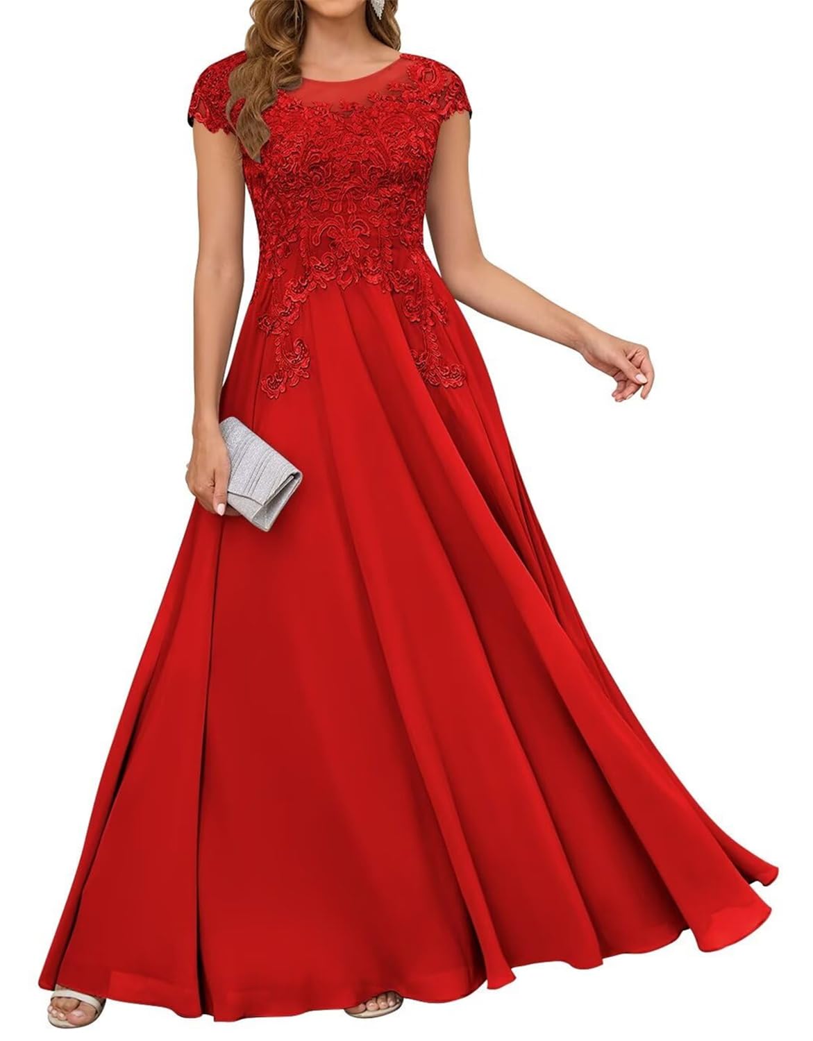 Yiann Women's Red Classy Mother Of The Bride Dresses For Wedding Party A Line Scoop Neck Chiffon Mother Of Groom Gown Uk18
