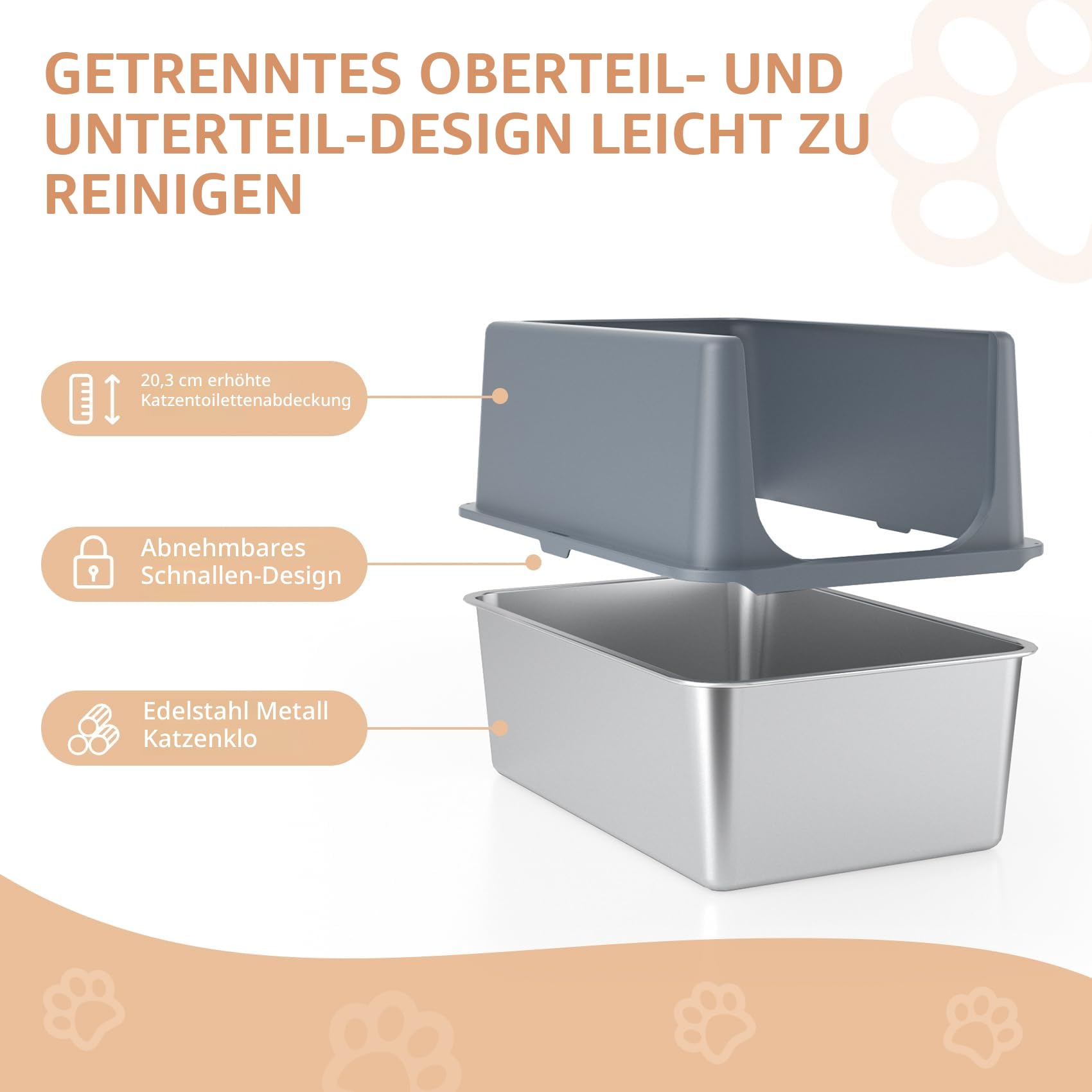 Katzenklo Edelstahl mit Deckel, Katzentoilette XXL, 40,5 cm Hohem Rand | Katzenklo xxl Große Katzen,Katzenklo Offene, Extra Große Katzentoilette mit Grauem Deckel, Leichtes Reinigen