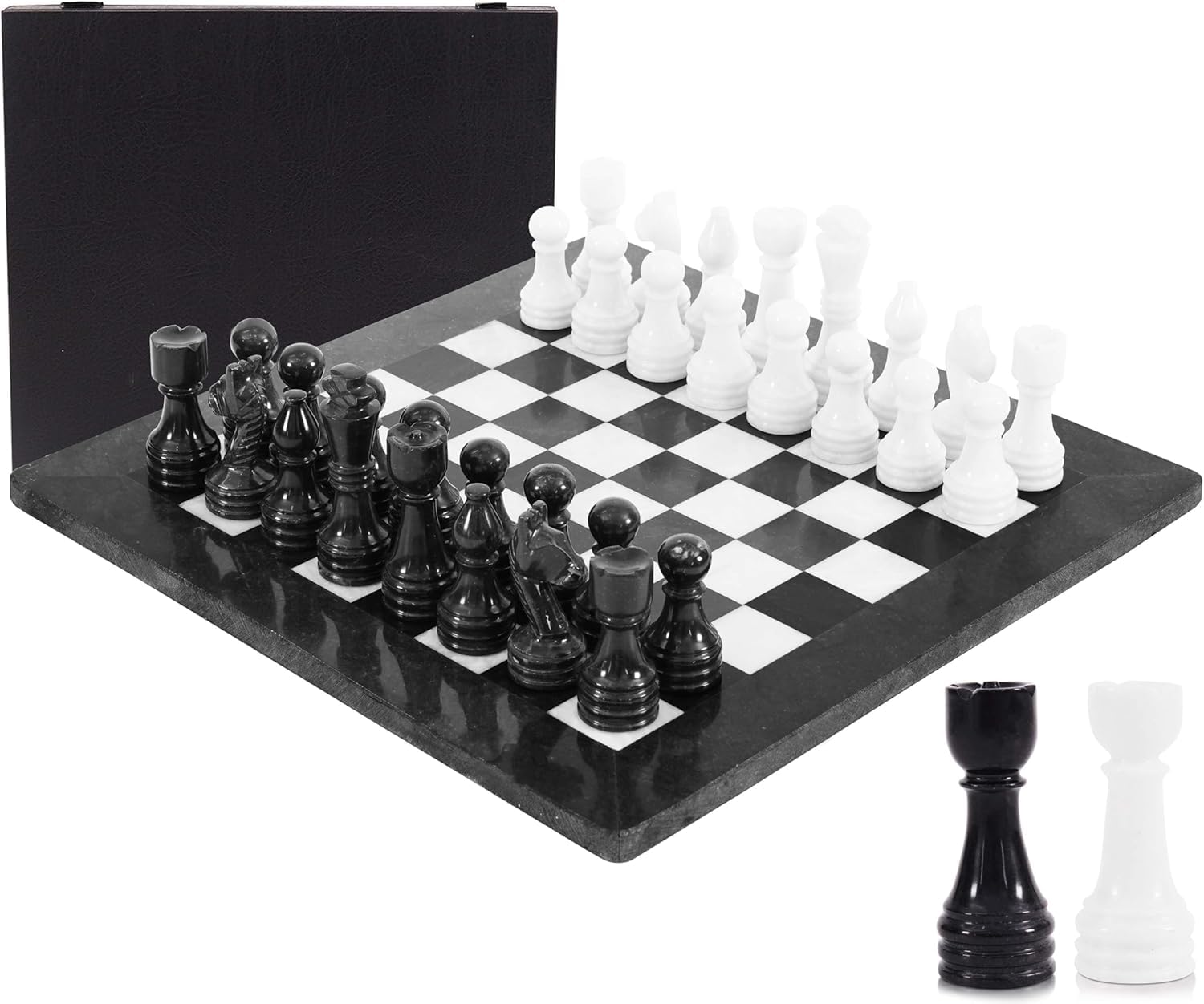 Marble Chess Set for Adults 15" Handmade Black & Coral Board Game with 32 Chess Pieces, 2 Extra Queens & Storage Box, Luxury Travel Game, Elegant Gift for Home Decor (Black & White) — image 1