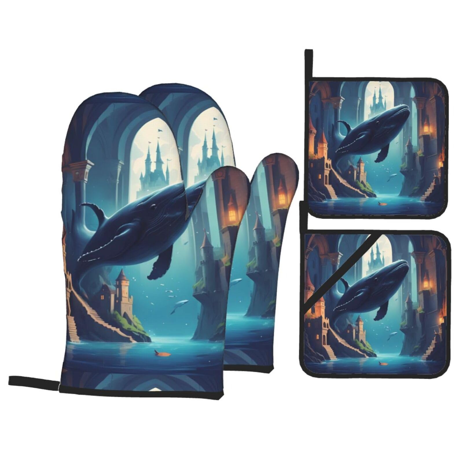 HJFCZH Whale in The Castle Picture Kitchen Baking Set of 4 Thick Insulated Oven Mitt & Pot Holders, Anti-Scalding for Microwave, Oven, Outdoor BBQ
