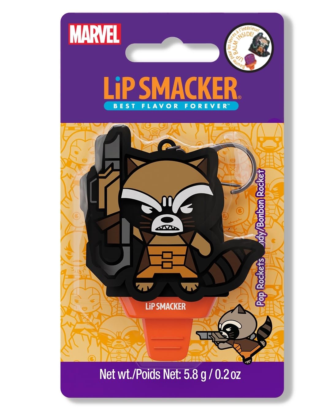 Lip Smacker Marvel, Guardianes de la Galaxia, Bálsamo Labial para Niños con Llavero Marvel, Forma de Piruleta Fácil de Aplicar, Bálsamo Labial con Aceite de Ricino, Pop Rockets Candy